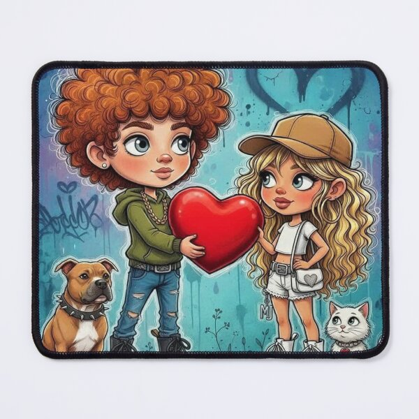 Item preview, Cute cartoon couple with big red heart, street art background, dog and white cat designed and sold by Pixel Pout.