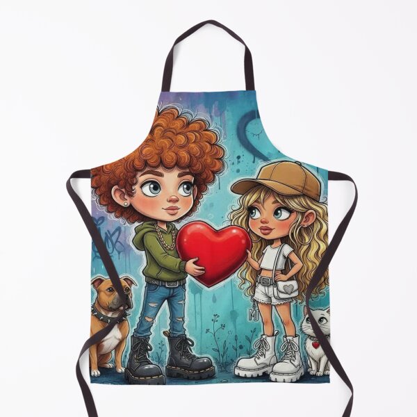 Item preview, Cute cartoon couple with big red heart, street art background, dog and white cat designed and sold by Pixel Pout.