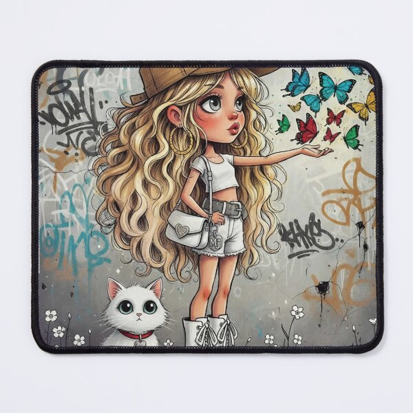 Item preview, Cute cartoon girl with long blonde hair releasing butterflies, white cat, graffiti wall aesthetic designed and sold by Pixel Pout.