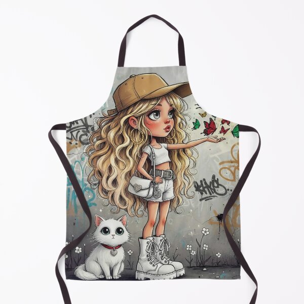Item preview, Cute cartoon girl with long blonde hair releasing butterflies, white cat, graffiti wall aesthetic designed and sold by Pixel Pout.
