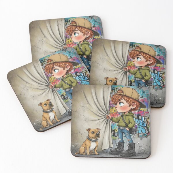 Item preview, Curly redheaded boy reveals colorful graffiti wall with loyal dog, street art cartoon designed and sold by Pixel Pout.
