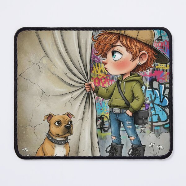 Item preview, Curly redheaded boy reveals colorful graffiti wall with loyal dog, street art cartoon designed and sold by Pixel Pout.
