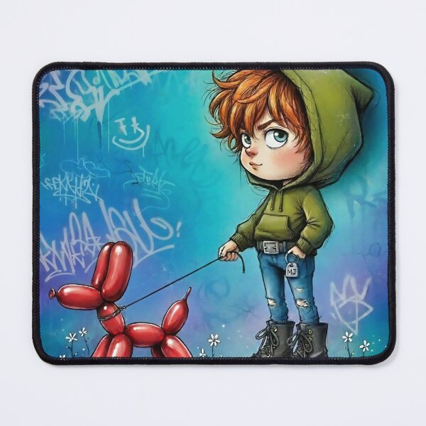 Item preview, Curly redheaded boy walking a red balloon dog, blue graffiti wall cartoon illustration designed and sold by Pixel Pout.