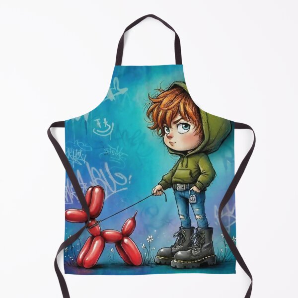 Item preview, Curly redheaded boy walking a red balloon dog, blue graffiti wall cartoon illustration designed and sold by Pixel Pout.