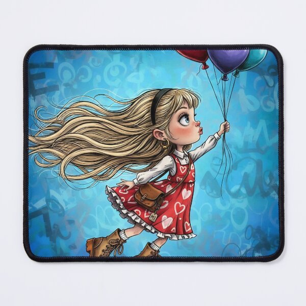 Item preview, Cute girl flying with heart balloons, red heart dress and boots, blue background illustration designed and sold by Pixel Pout.