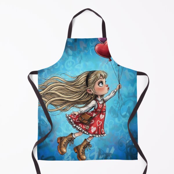 Item preview, Cute girl flying with heart balloons, red heart dress and boots, blue background illustration designed and sold by Pixel Pout.