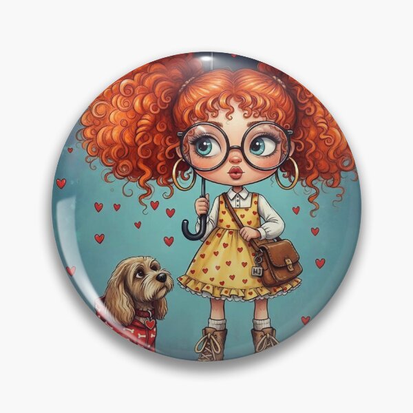 Item preview, Cute redheaded girl with umbrella and puppy in rain, heart pattern dress cartoon illustration designed and sold by Pixel Pout.