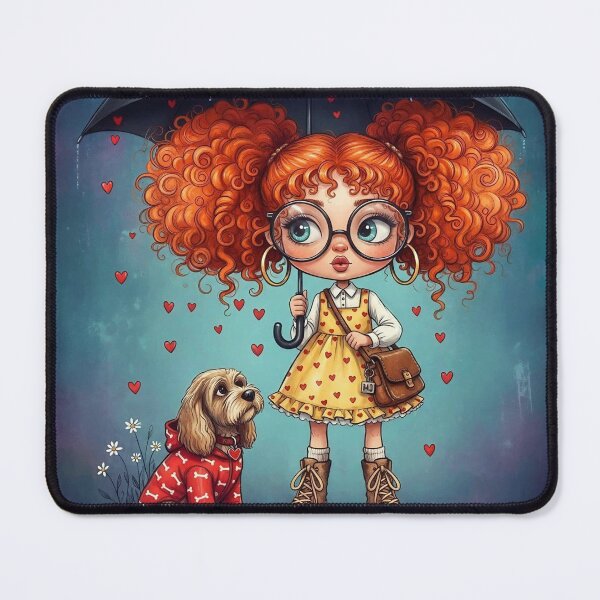 Item preview, Cute redheaded girl with umbrella and puppy in rain, heart pattern dress cartoon illustration designed and sold by Pixel Pout.