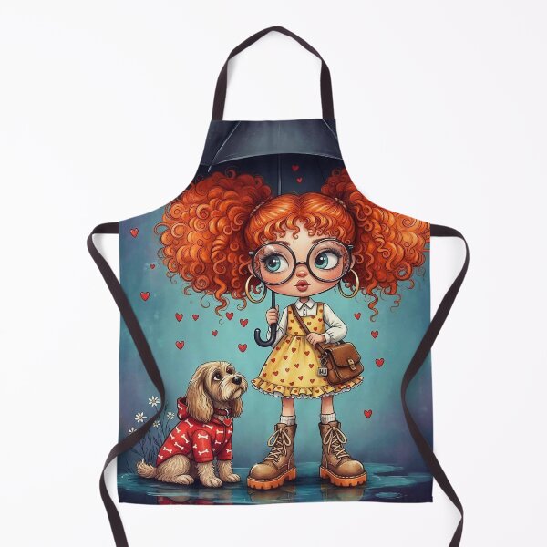 Item preview, Cute redheaded girl with umbrella and puppy in rain, heart pattern dress cartoon illustration designed and sold by Pixel Pout.