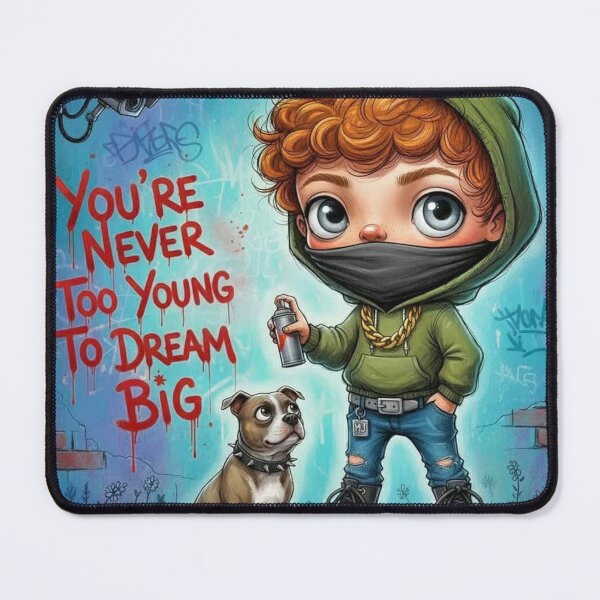 Item preview, Graffiti kid with mask and dog, “You’re Never Too Young To Dream Big” street art cartoon designed and sold by Pixel Pout.