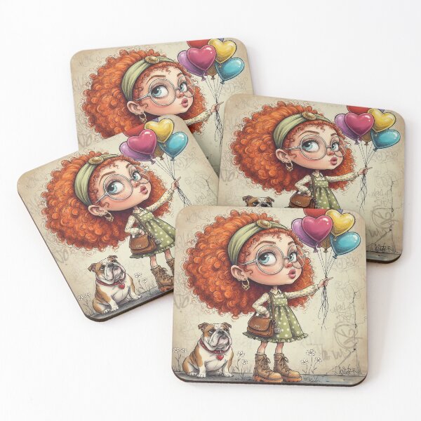 Item preview, Cute redheaded girl with big glasses holding heart balloons, bulldog companion, vintage graffiti background designed and sold by Pixel Pout.