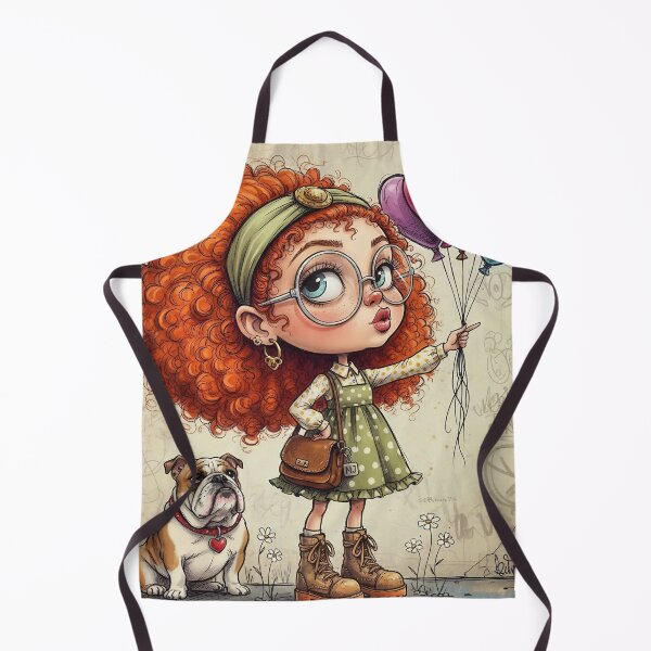 Item preview, Cute redheaded girl with big glasses holding heart balloons, bulldog companion, vintage graffiti background designed and sold by Pixel Pout.