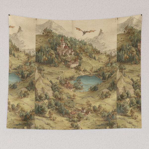 Item preview, Hand drawn map of a fantasy land with flying dragon. designed and sold by Piotrek0001.