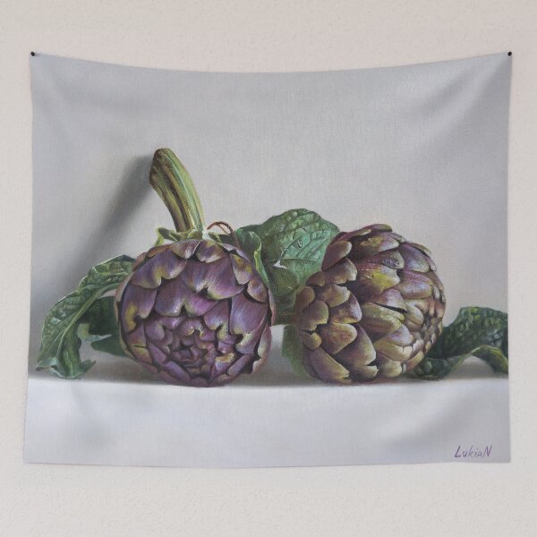 Item preview, Two Purple Artichokes – Realistic Oil Painting Still Life by Lukian designed and sold by LukianArtPrint.
