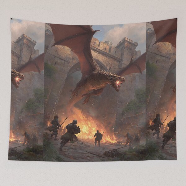 Item preview, Dragon attacks knights at the ancient castle's stone gate. designed and sold by Piotrek0001.