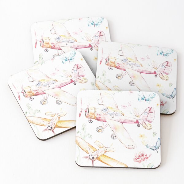 Item preview, Retro multicolored airplane with butterfly and vintage motley tulips print designed and sold by Encreable.
