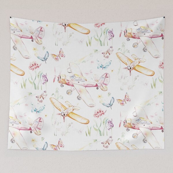 Item preview, Retro multicolored airplane with butterfly and vintage motley tulips print designed and sold by Encreable.