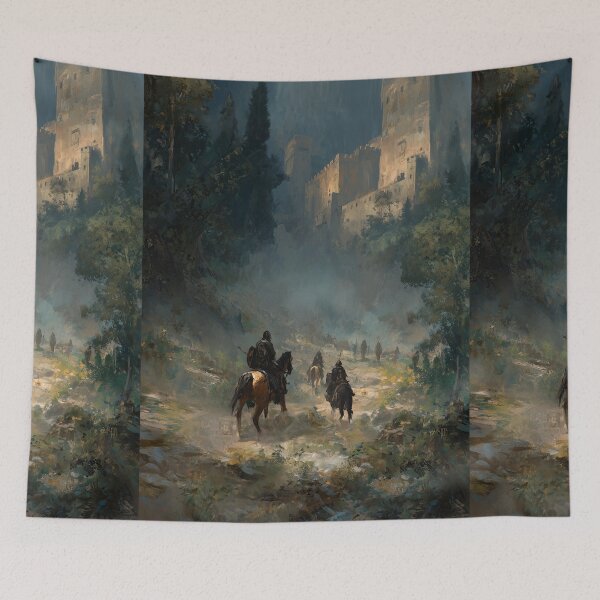 Item preview, Knights on horseback travel towards an ancient stone fortress. designed and sold by Piotrek0001.