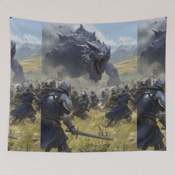 Item preview, An army of knights battles a colossal beast monster. designed and sold by Piotrek0001.
