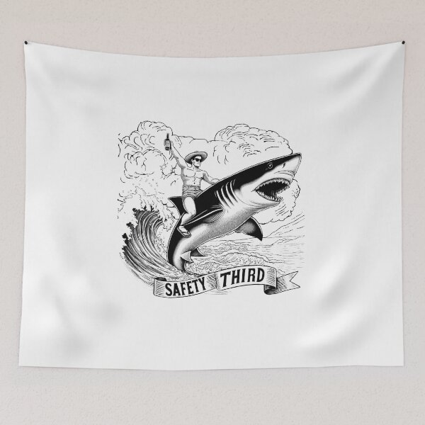 Item preview, Safety Third Shark Rodeo T-Shirt | Vintage Graphic Line Art Spoof designed and sold by Larry Oates.