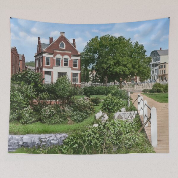Item preview, Charming Historic Town Park with Lush Greenery & Wooden Bridge designed and sold by plugsnpixels.