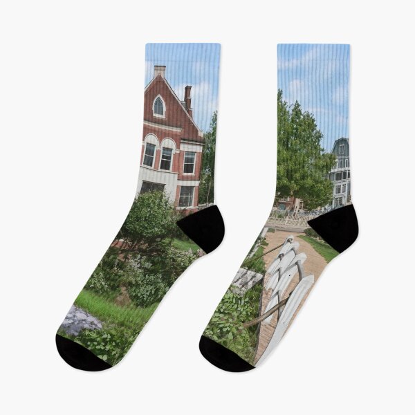 Item preview, Charming Historic Town Park with Lush Greenery & Wooden Bridge designed and sold by plugsnpixels.