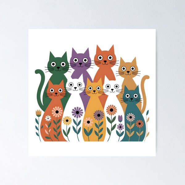 Item preview, Colorful Cats in Bloom – Retro Floral Cat Art Design designed and sold by PixelExpressStudio.