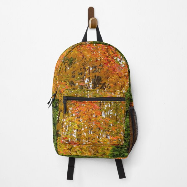 Item preview, Autumn leaves with a row of evergreens in the foreground designed and sold by lisavonbiela.