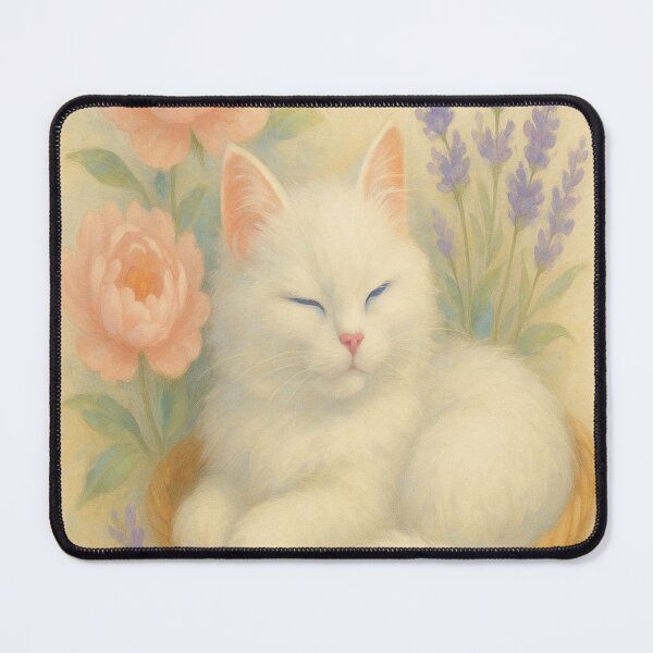 Item preview, White cat asleep in a flower basket – soft pastel style designed and sold by Tommandjerry.