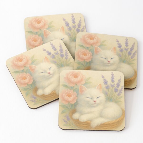 Item preview, White cat asleep in a flower basket – soft pastel style designed and sold by Tommandjerry.