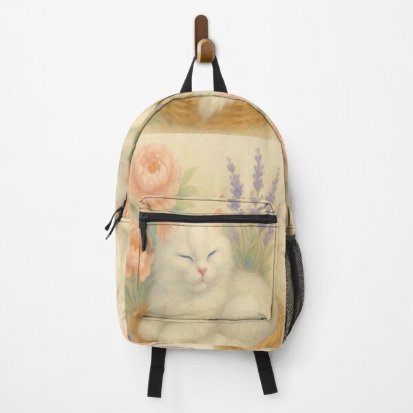Item preview, White cat asleep in a flower basket – soft pastel style designed and sold by Tommandjerry.