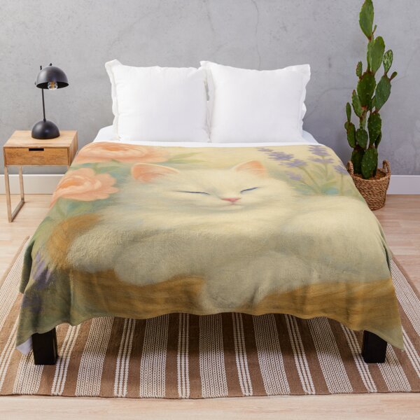 Item preview, White cat asleep in a flower basket – soft pastel style designed and sold by Tommandjerry.