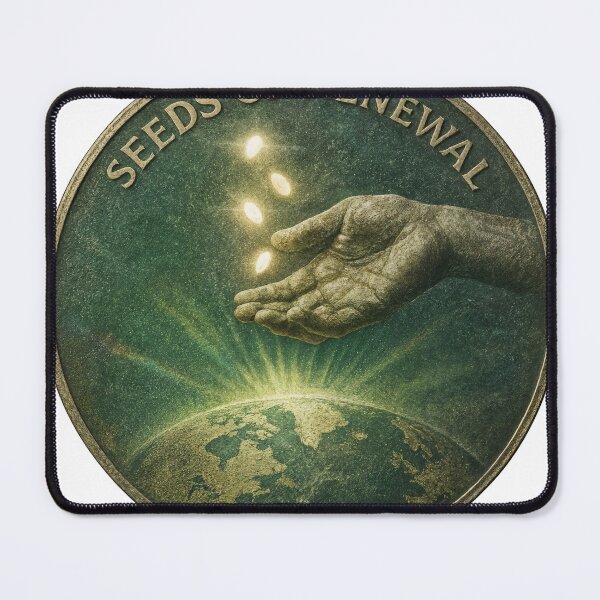 Item preview, Antique brass coin shows hand releasing four seeds over Earth at dawn designed and sold by Creative88Art.