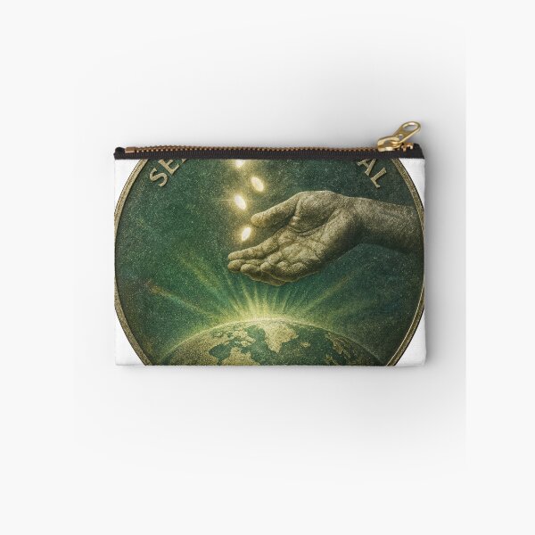 Item preview, Antique brass coin shows hand releasing four seeds over Earth at dawn designed and sold by Creative88Art.