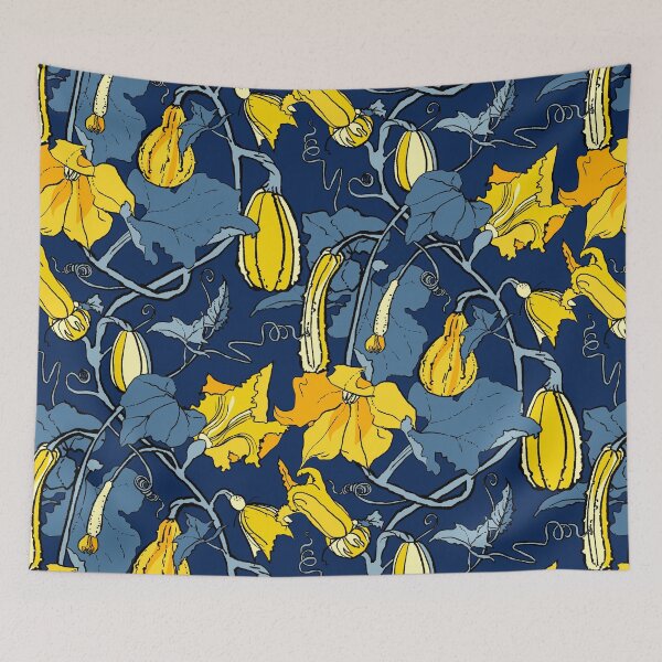 Item preview, cucurbits - trailing pumpkin vines in blue and yellow designed and sold by kobyakov.