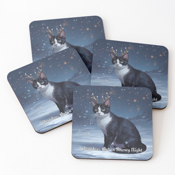 Item preview, Reindeer Cat in Snowy Night designed and sold by PetJoyPrintsCO.
