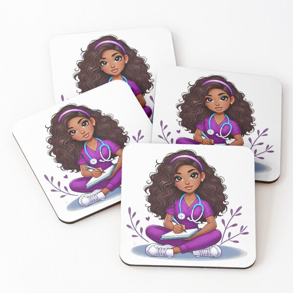 Item preview, Cute Afro Nurse Holding Clipboard | Purple Scrubs Illustration designed and sold by Lulunza.