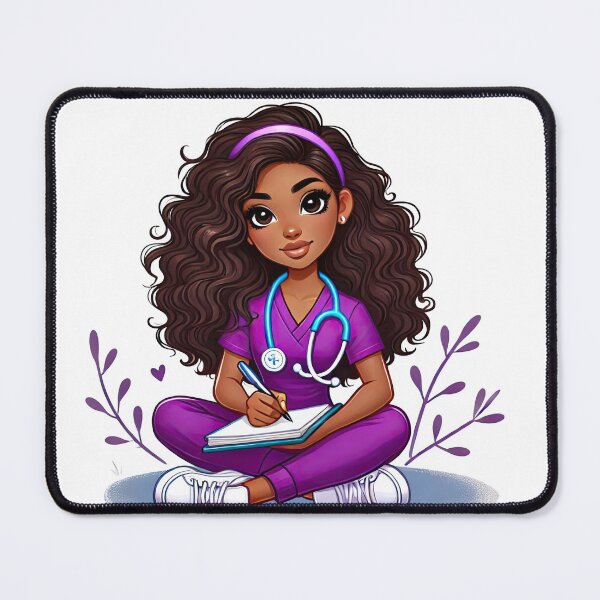 Item preview, Cute Afro Nurse Holding Clipboard | Purple Scrubs Illustration designed and sold by Lulunza.