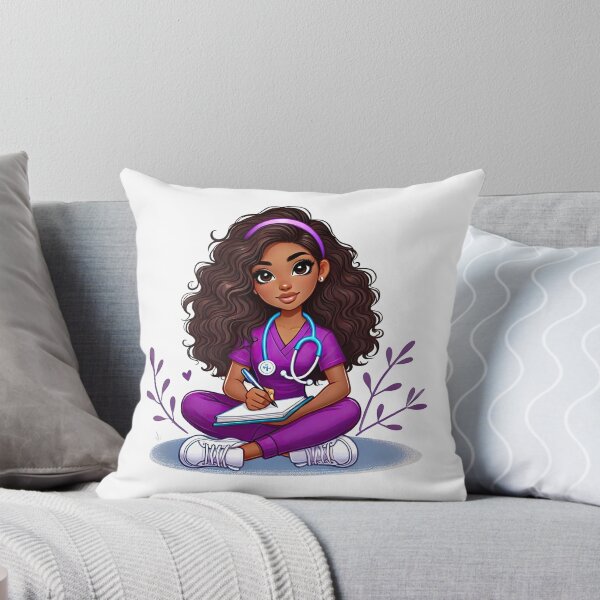 Item preview, Cute Afro Nurse Holding Clipboard | Purple Scrubs Illustration designed and sold by Lulunza.