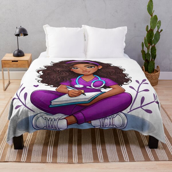 Item preview, Cute Afro Nurse Holding Clipboard | Purple Scrubs Illustration designed and sold by Lulunza.