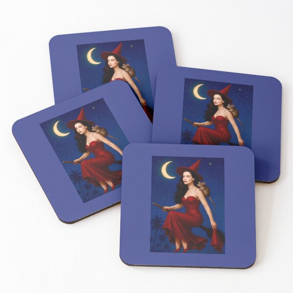 Item preview, Retro Witch Flying at Night - Red Gown,Half Moon & Rat Companion designed and sold by Beach-Raven Designs.