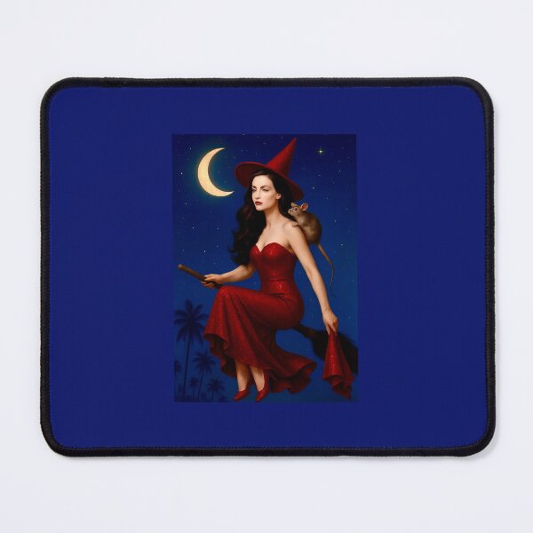 Item preview, Retro Witch Flying at Night - Red Gown,Half Moon & Rat Companion designed and sold by Beach-Raven Designs.