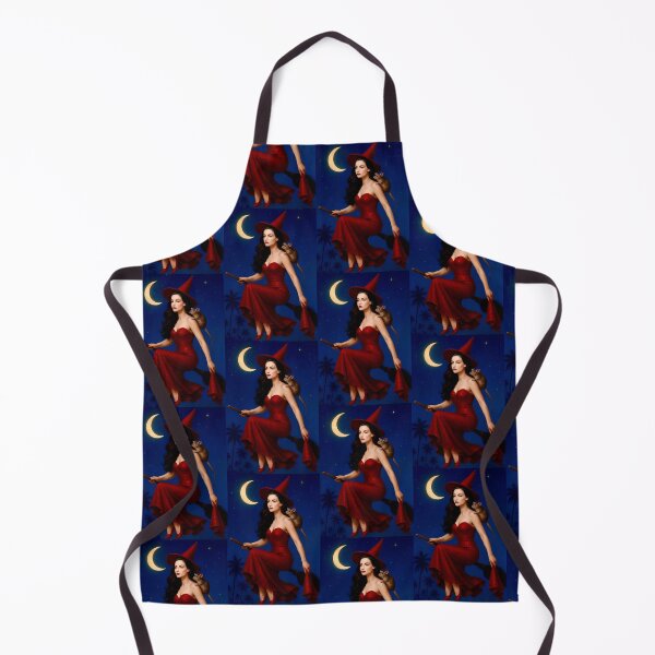 Aperçu de l'œuvre Sorcière rétro volant la nuit - Robe rouge, demi-lune et compagnon rat créée et vendue par Beach-Raven Designs.