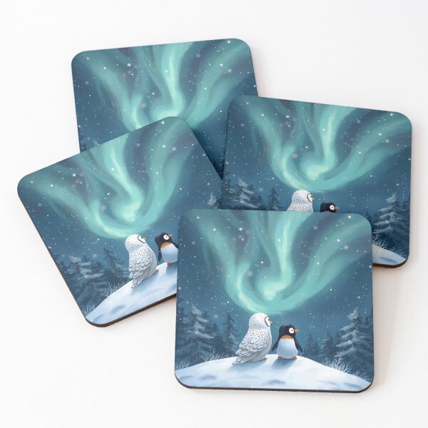 Item preview, Snowy Owl and Penguin under the Northern Lights designed and sold by WildlifeWhimsy.