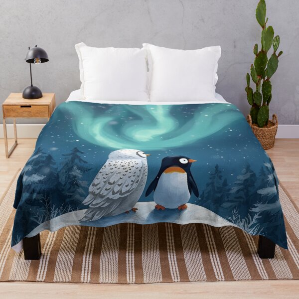 Item preview, Snowy Owl and Penguin under the Northern Lights designed and sold by WildlifeWhimsy.