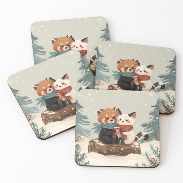 Item preview, Red Panda and Snowshoe Cat Sharing Cocoa in the Snow designed and sold by WildlifeWhimsy.