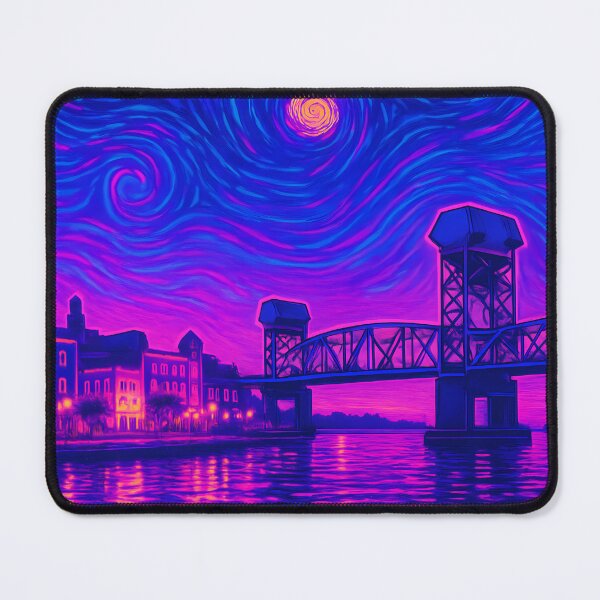 Item preview, Neon Nights Over Wilmington – Cape Fear River Bridge in Vibrant Impressionist Glow designed and sold by JWsNeonHorizons.