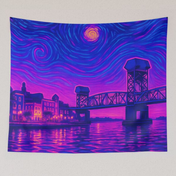 Item preview, Neon Nights Over Wilmington – Cape Fear River Bridge in Vibrant Impressionist Glow designed and sold by JWsNeonHorizons.