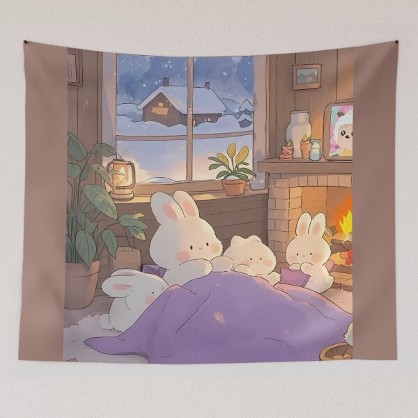Item preview, A bunny family enjoys the fireplace as the snow falls designed and sold by loveiscosmic.