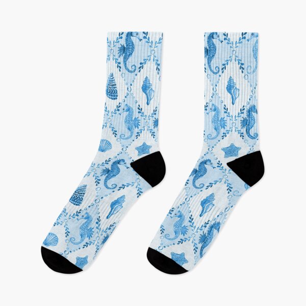 Item preview, Seahorse and Seashell Diamond Pattern in Cornflower Blue Coastal Watercolor Pattern designed and sold by KConfetti.